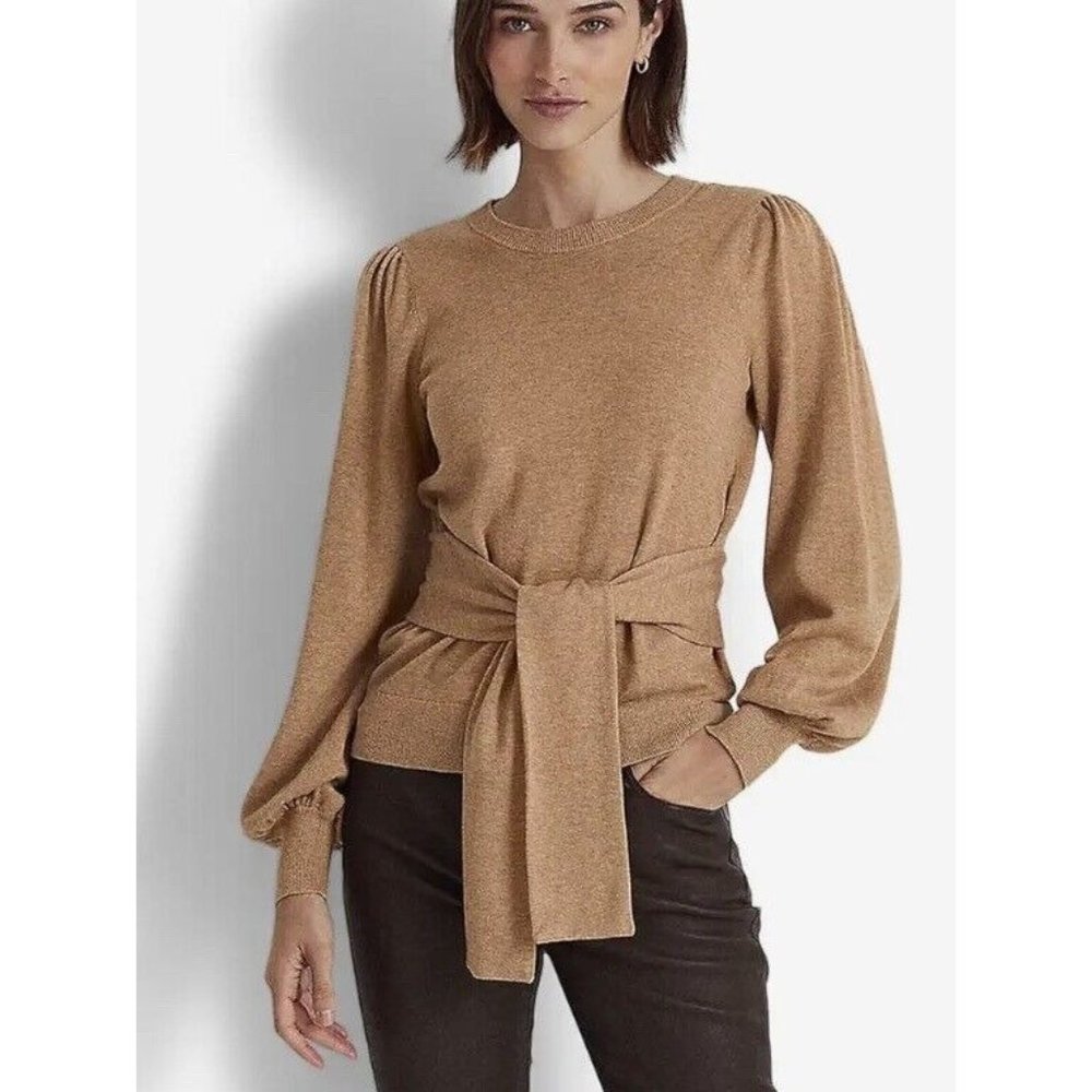 Lauren Ralph Lauren Black Label Puff Sleeves Belted Tie Waist Sweater Petite L